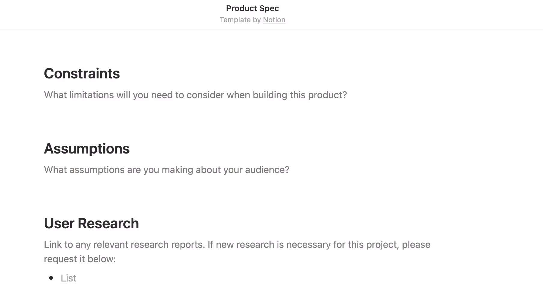 A product spec template in Notion that shows sections for constraints and assumptions