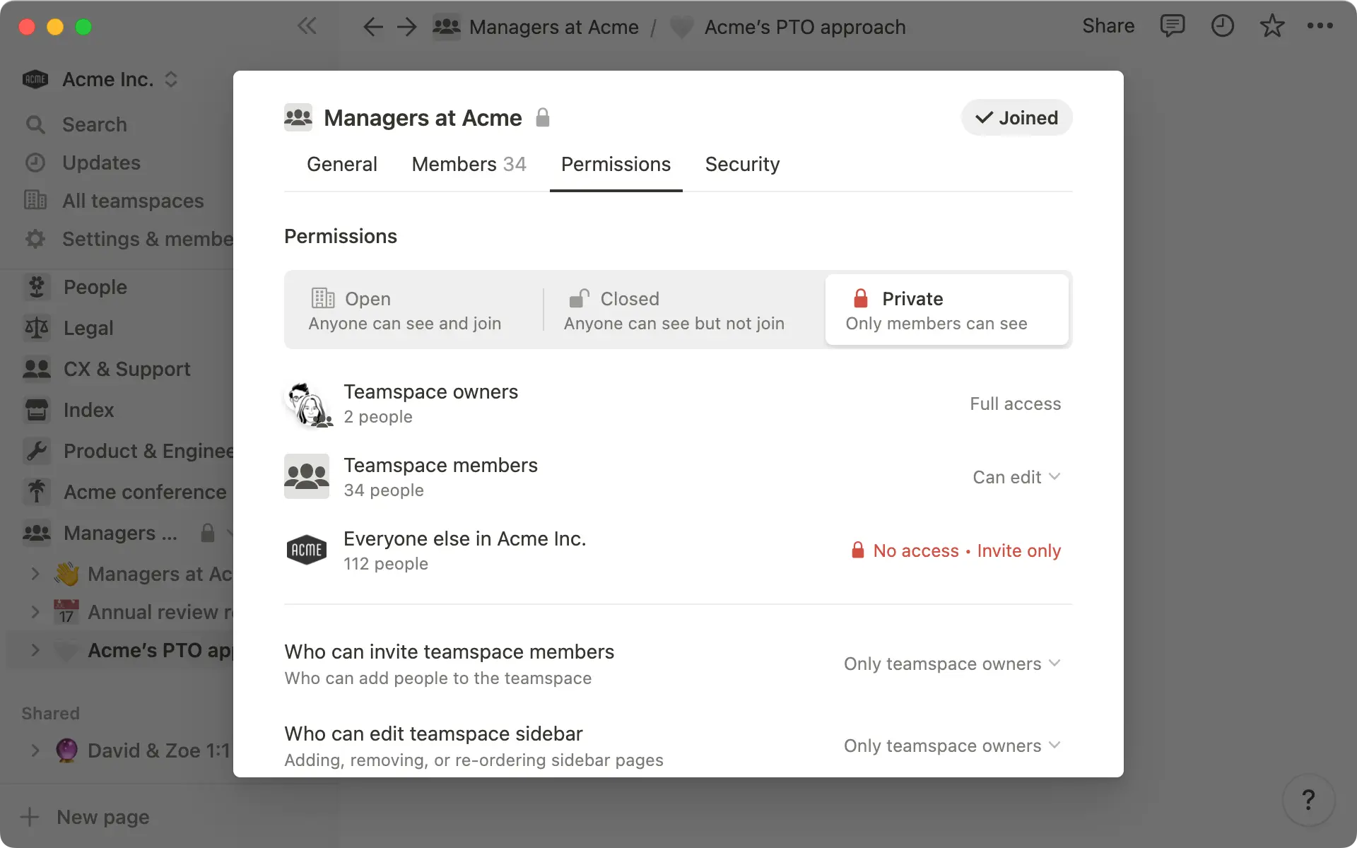 Create custom permission settings to suit your needs — all pages in your teamspace will inherit these settings.