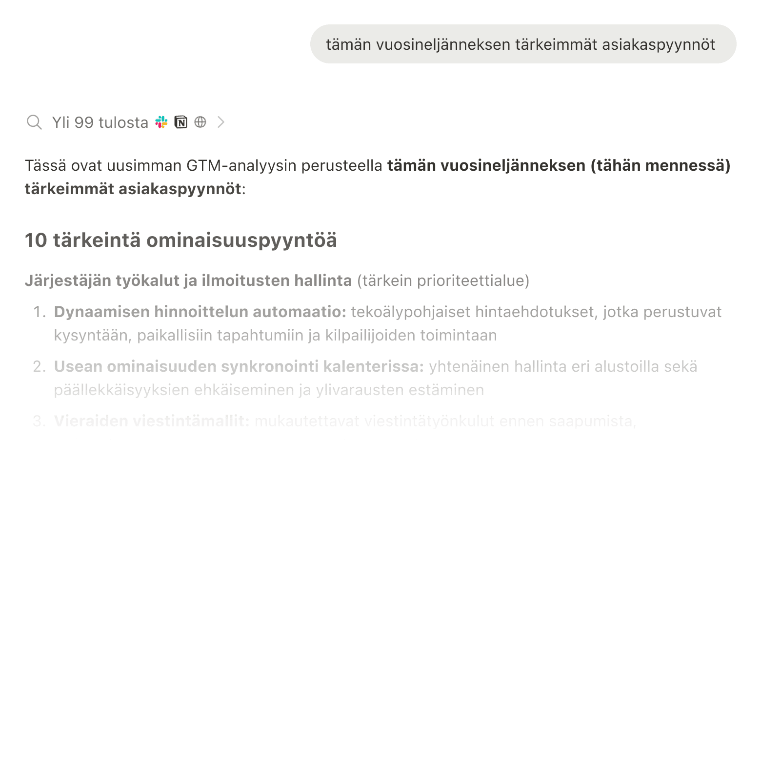 Hakutuloksissa on tietoja Slackista, Google Drivesta ja Jirasta