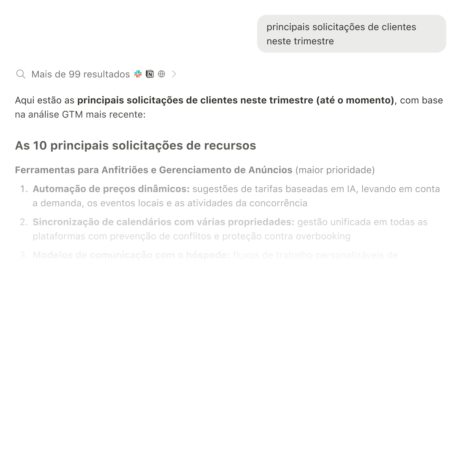 Resultados da busca mostrando informações do Slack, Google Drive e Jira
