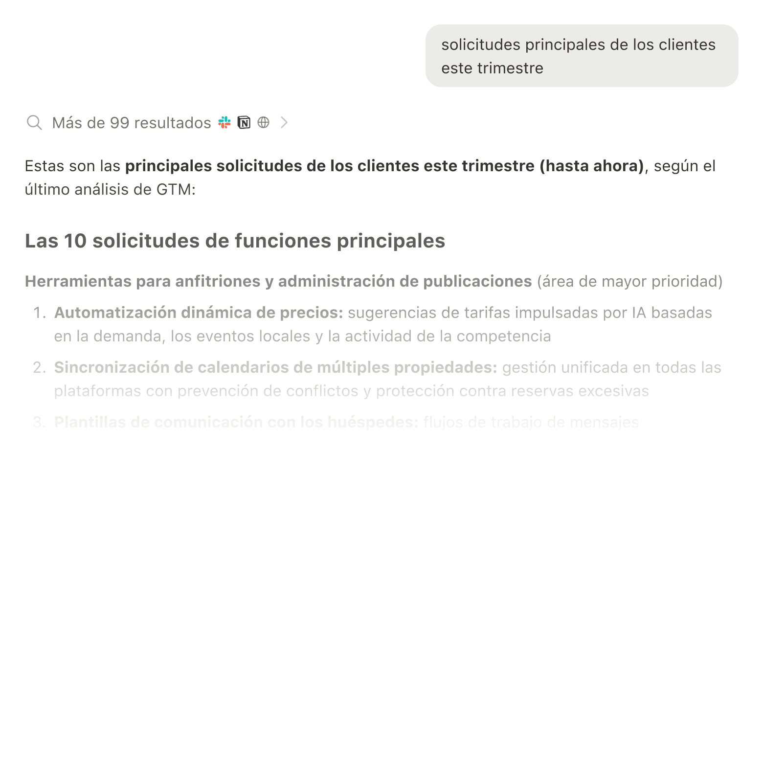 Resultados de búsqueda que muestran información de Slack, Google Drive y Jira