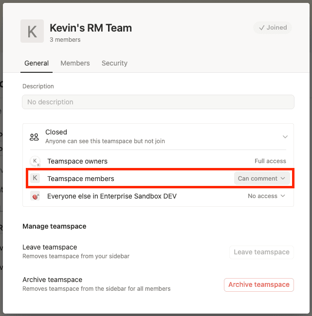 hc: change regular member access level in a teamspace