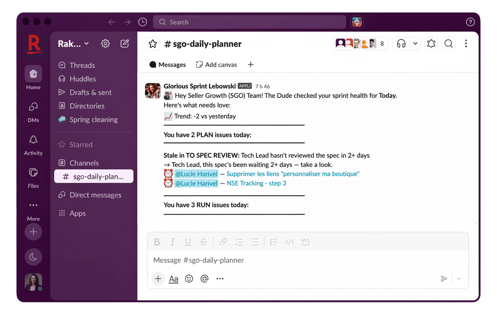 Der Sprint-Lebowski-Agent liefert jedem Feature-Team einen Slack-Bericht, der den technischen Leitern und Produktmanagern gleich bei Arbeitsbeginn einen klaren Überblick über alle anstehenden Aufgaben verschafft.