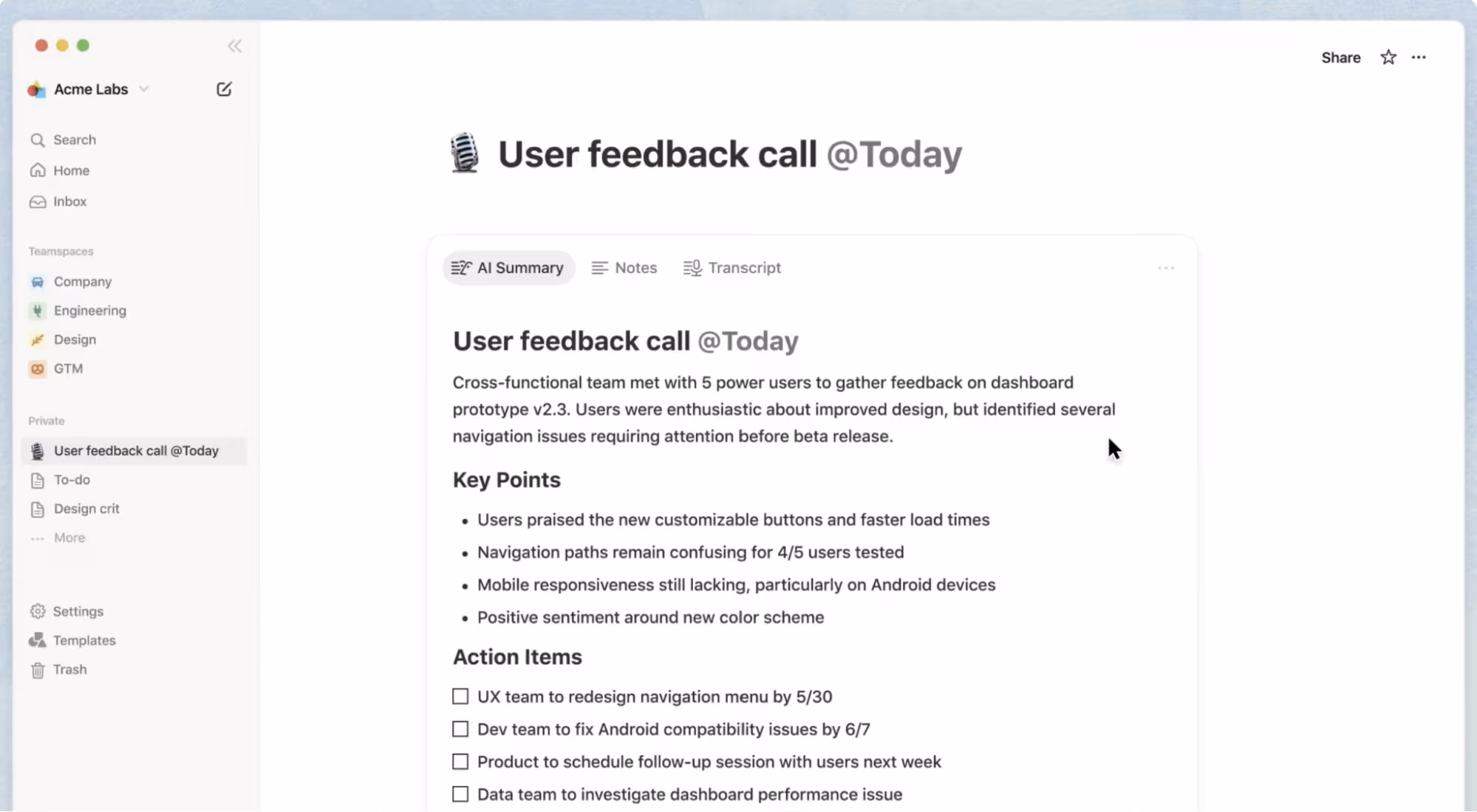 A screenshot of a sample of AI-generated meeting notes in Notion.