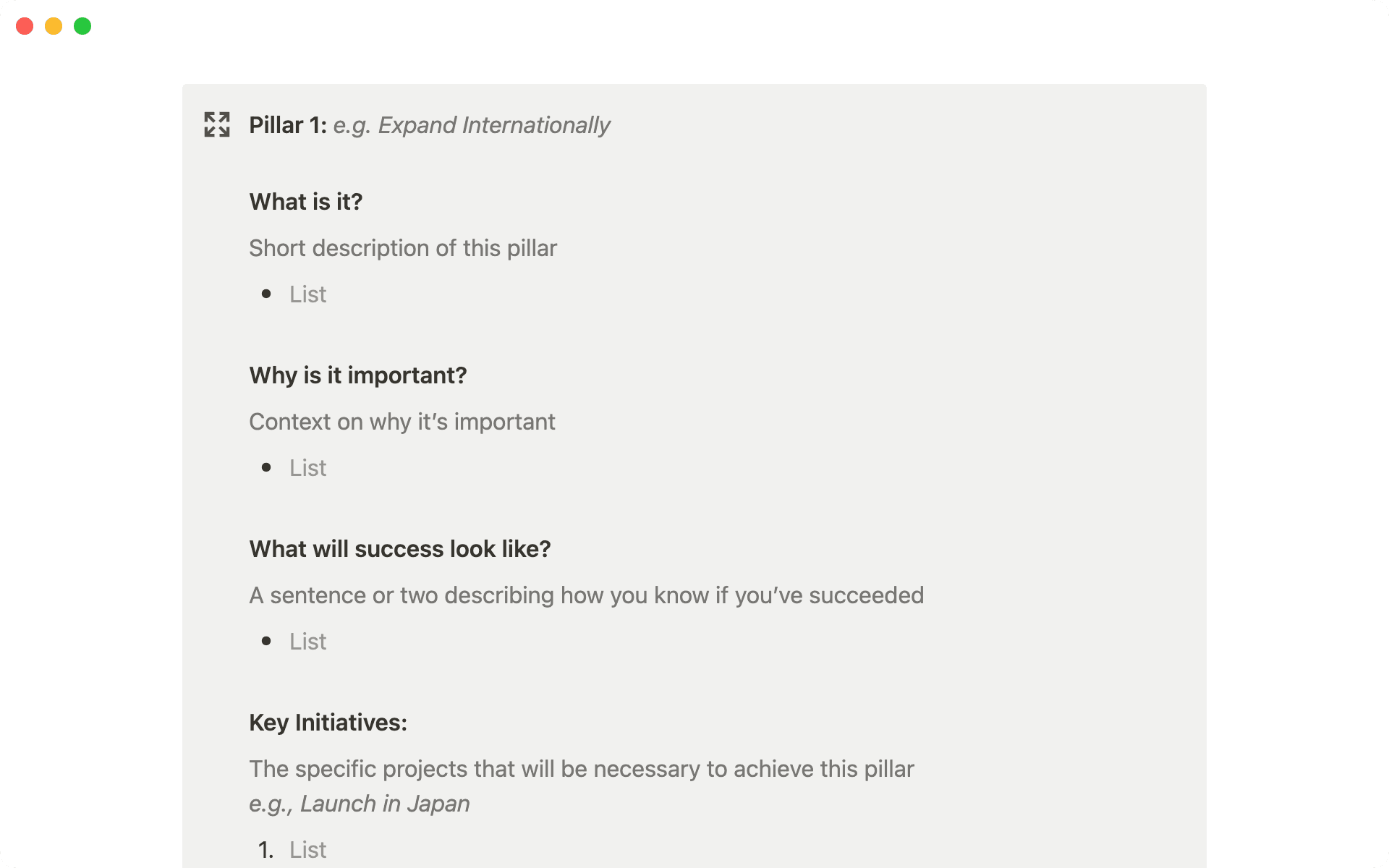 Build each strategic pillar by defining the what, why, success metrics, and key initiatives.