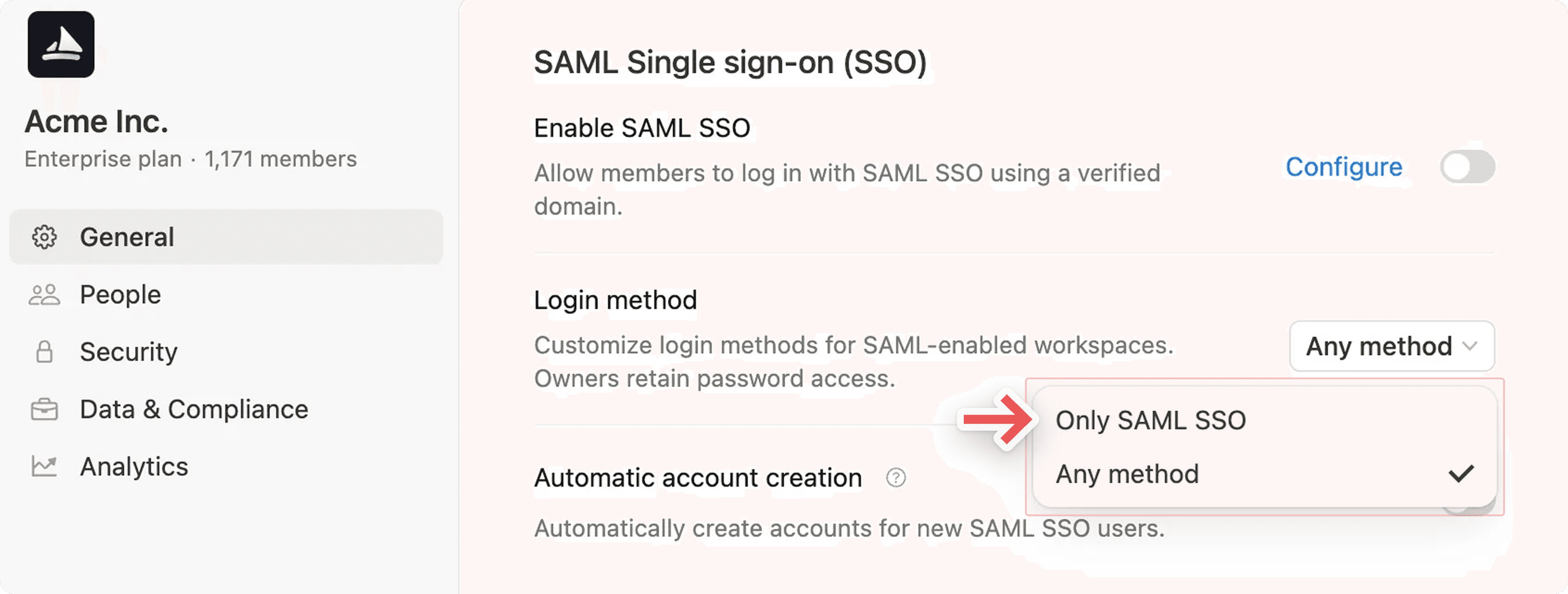 hc: saml sso enforcement org console
