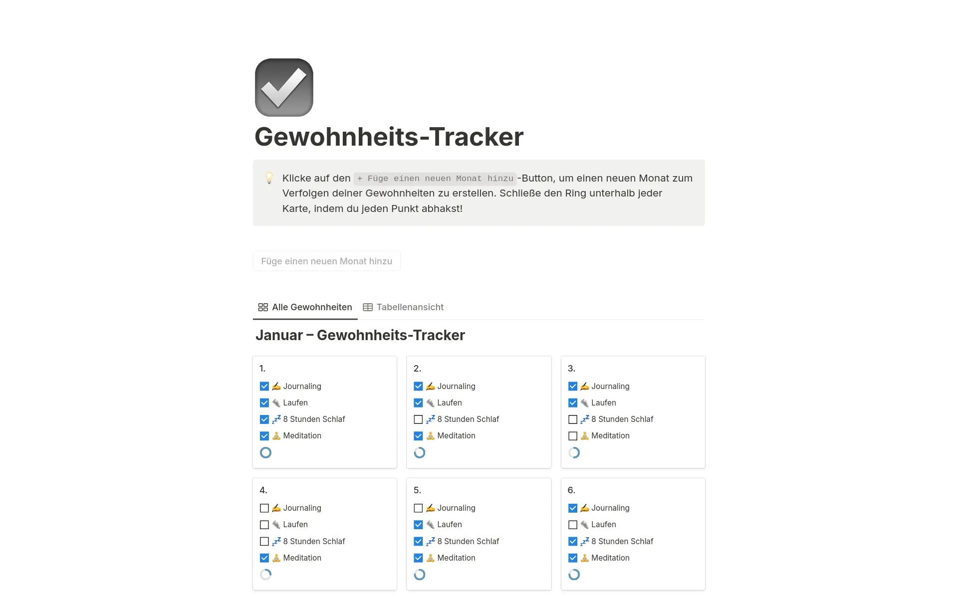 Eine Vorlagenvorschau für Tracker für Gewohnheiten
